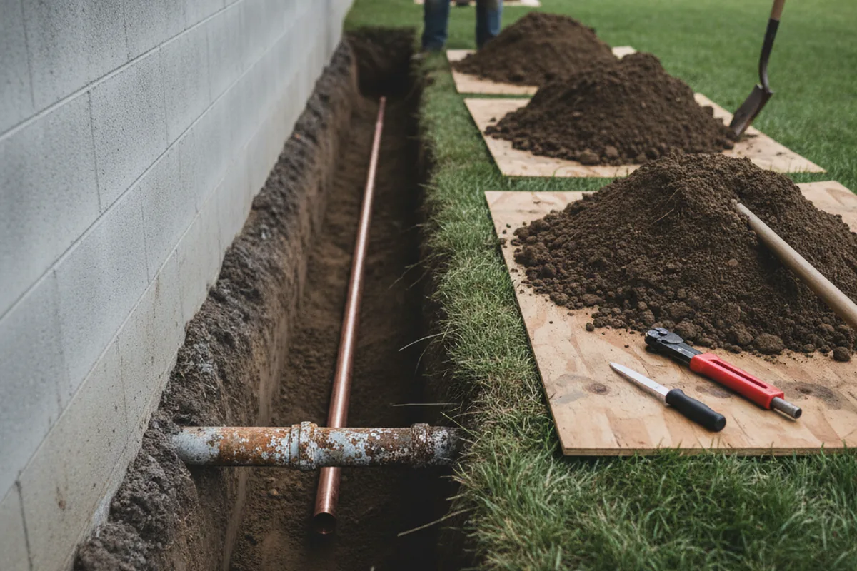 Excavated water line trench during Sewer Line Repair in Bruceville